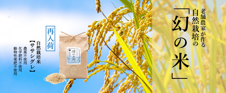 
老舗農家が作る自然栽培の「幻の米」。
		再入荷。		
		自然栽培米【ササシグレ】農薬不使用
化学肥料不使用
動物性堆肥不使用



