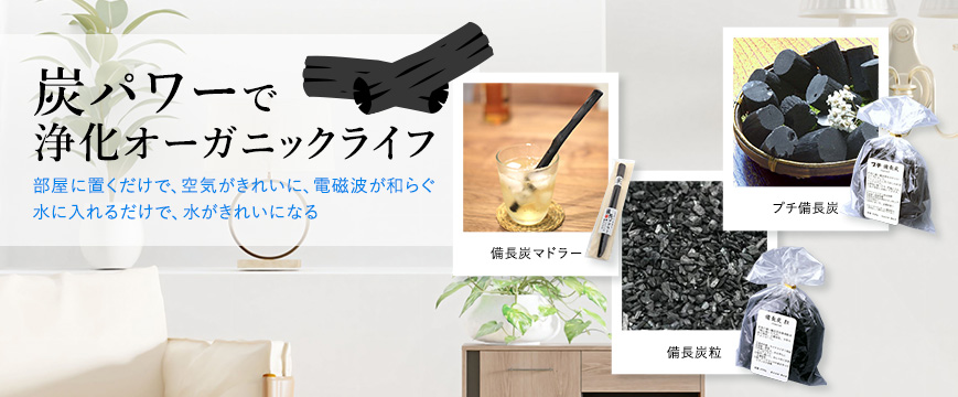 

炭パワーで浄化オーガニックライフ
部屋に置くだけで、空気がきれいに、電磁波が和らぐ

水に入れるだけで、水がきれいになる
新発売！備長炭マドラー、備長炭粒、プチ備長炭






